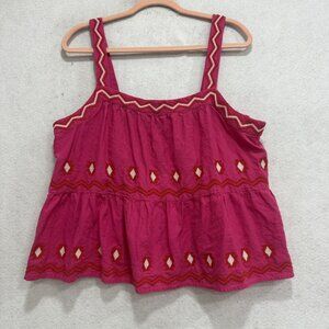 LOFT Tank Top Womens XL Pink Embroidered Linen Blend Square Neck Camisole Boho
